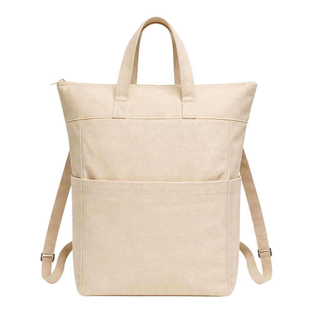 Zainetto cotone 340 g/m2. Manici corti e due tasche laterali porta bottiglie