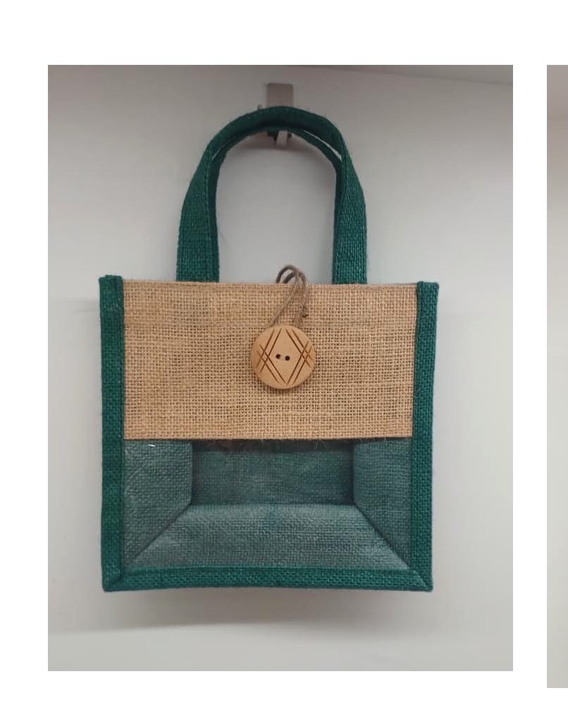 Porta vasetti in juta laminata bicolore con bottone legno